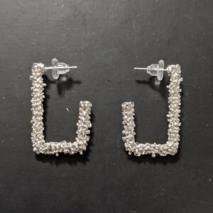 Silver Tone Textured Rectangular Hoop Statement Earrings